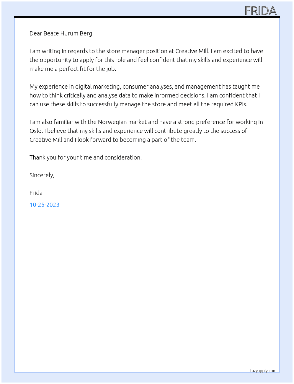Store Manager At Creative mill Cover Letter
