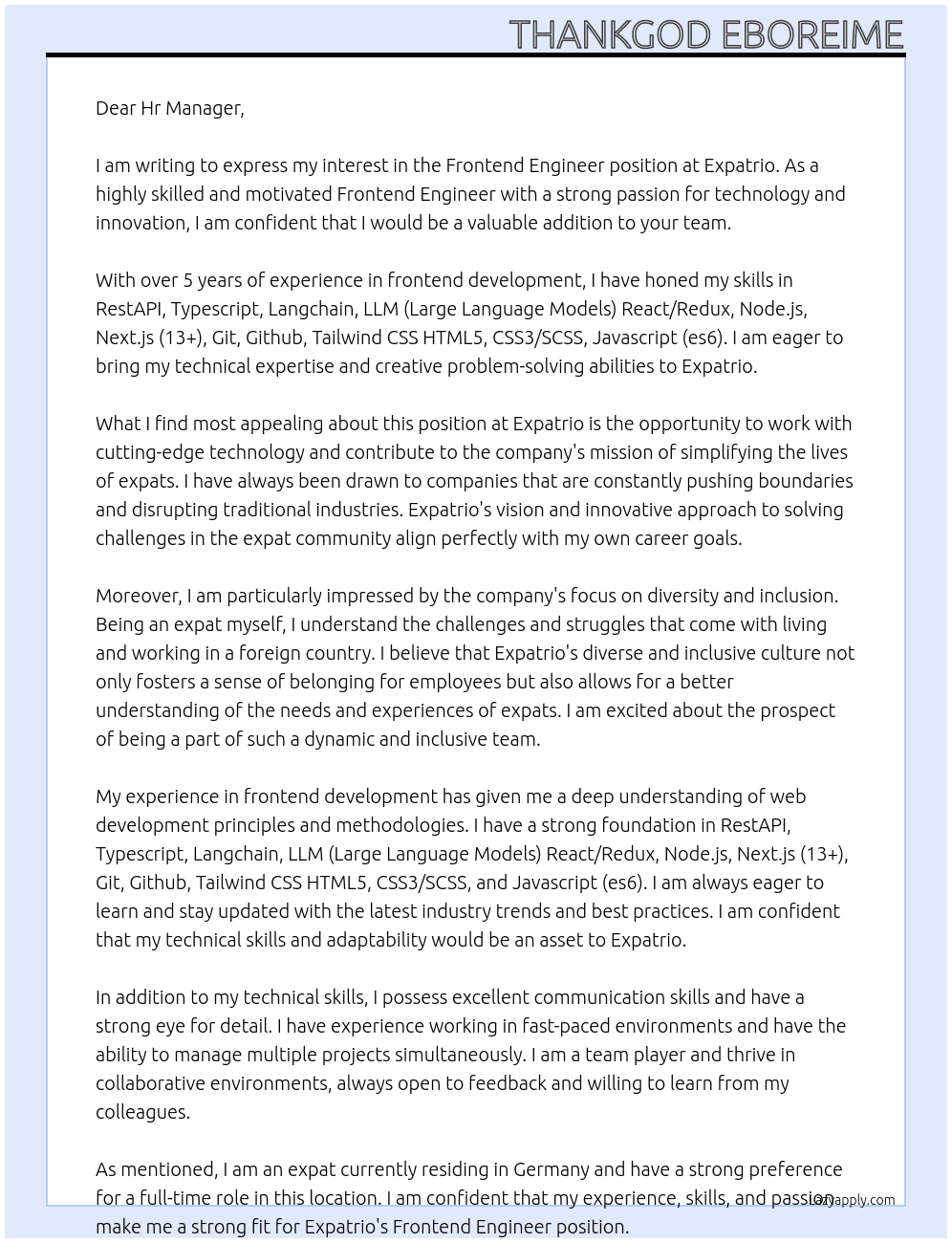 Frontend Engineer At Expatrio Cover Letter