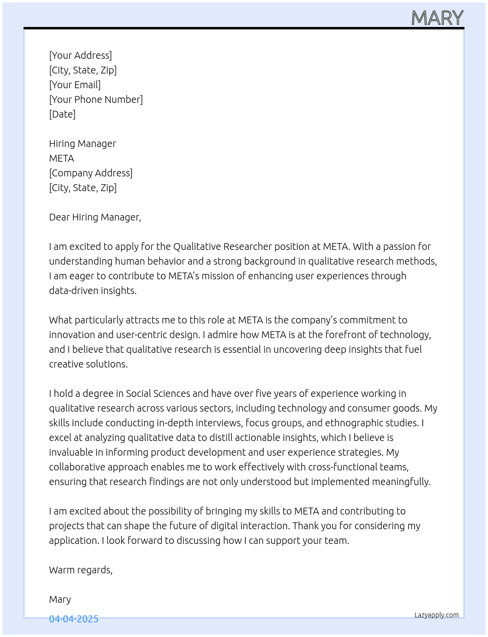 qualitative researcher At META Cover Letter