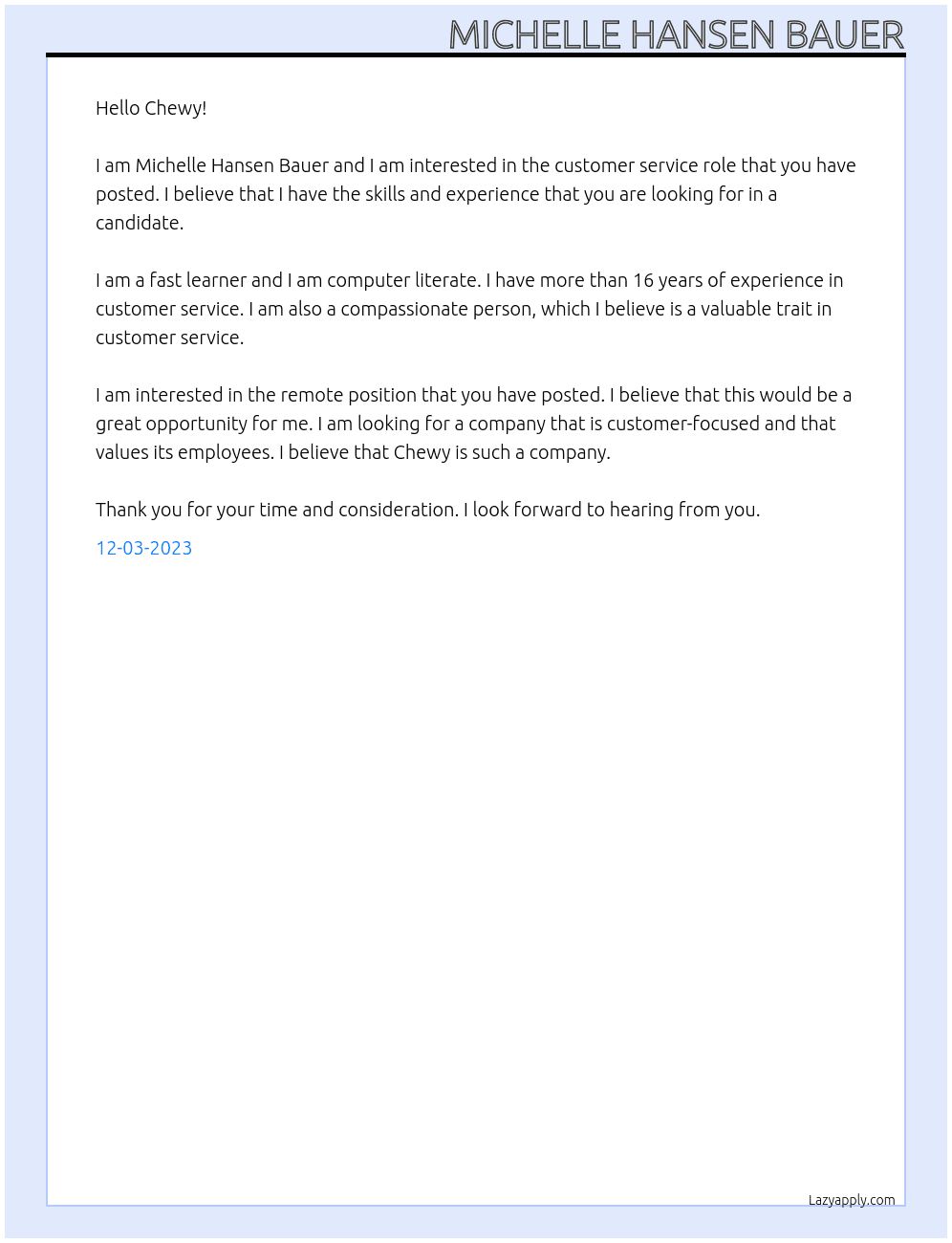 customer service  At Chewy  Cover Letter