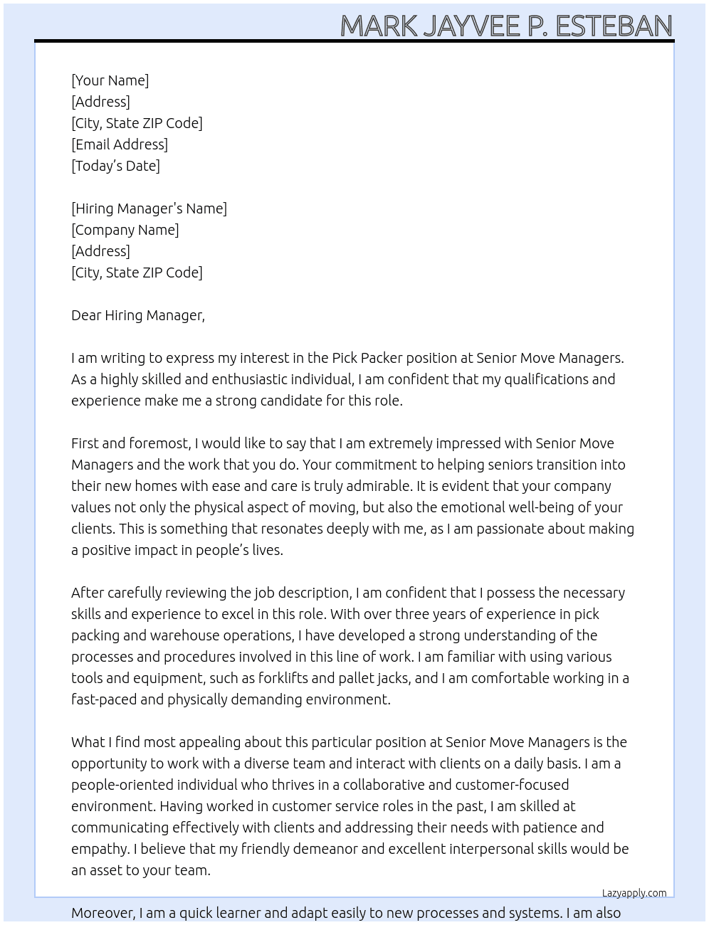 Pick Packer At Senior Move Managers Cover Letter