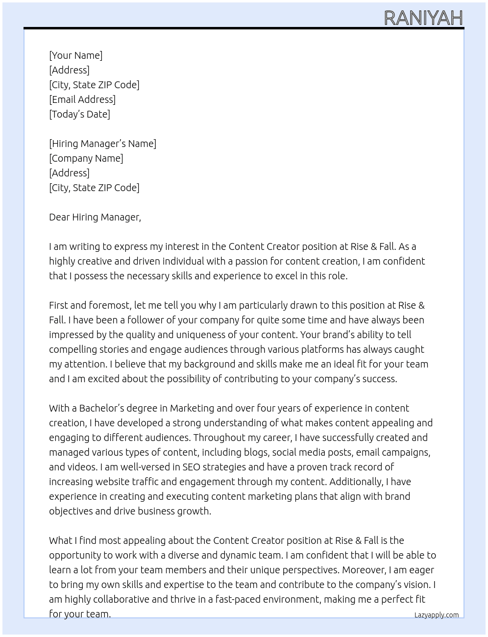 Content creator At Rise & Fall Cover Letter