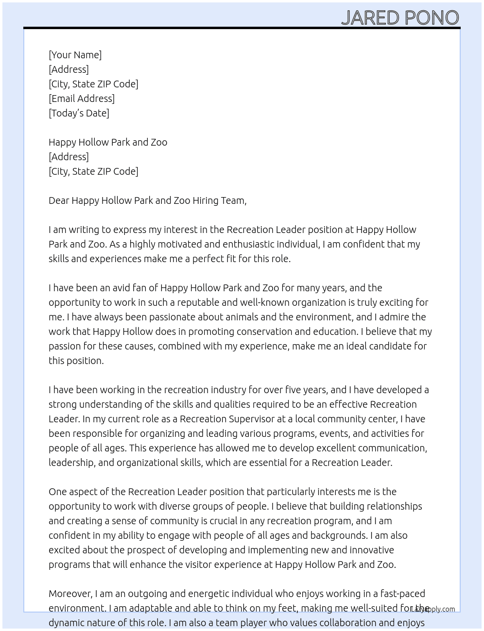 Recreation leader At Happy Hollow Park and Zoo Cover Letter