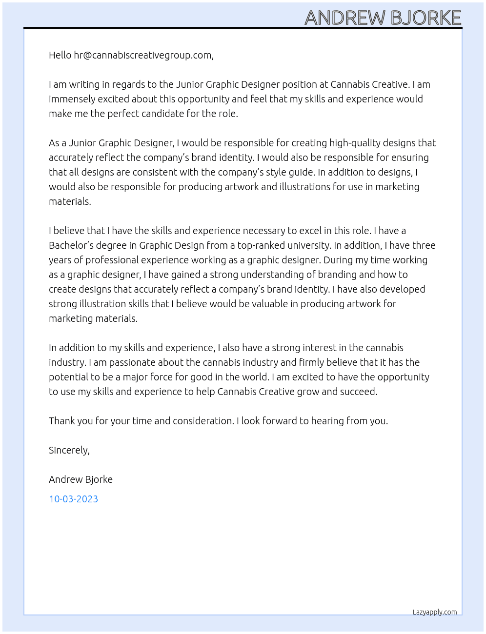 Junior Graphic Designer At Cannabis Creative Cover Letter