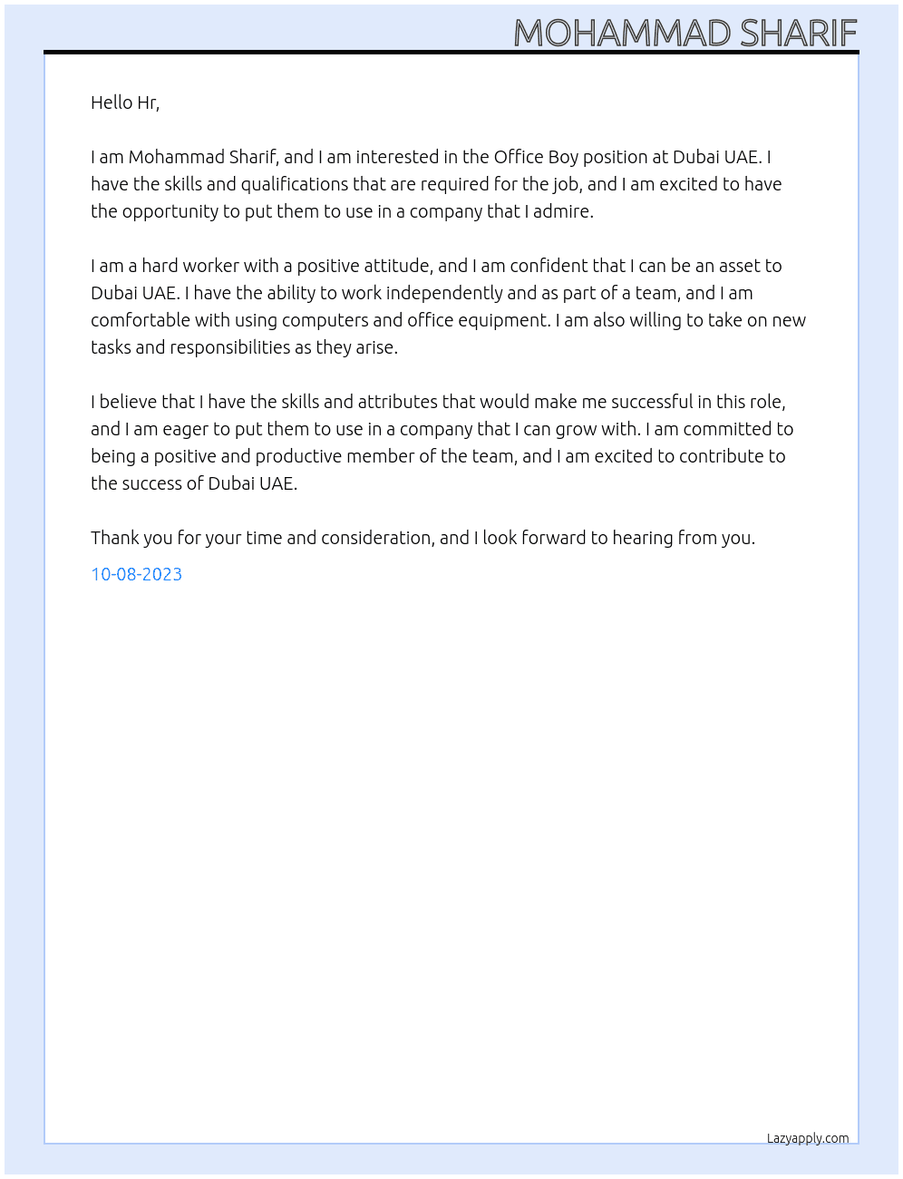 Office boy  At Dubai UAE  Cover Letter