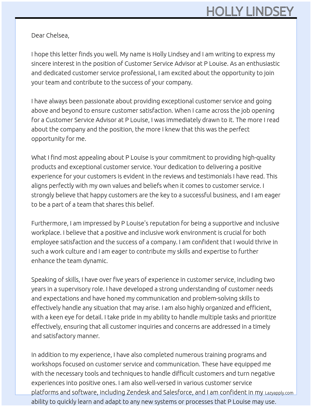 Customer Service Advisor  At P Louise Cover Letter