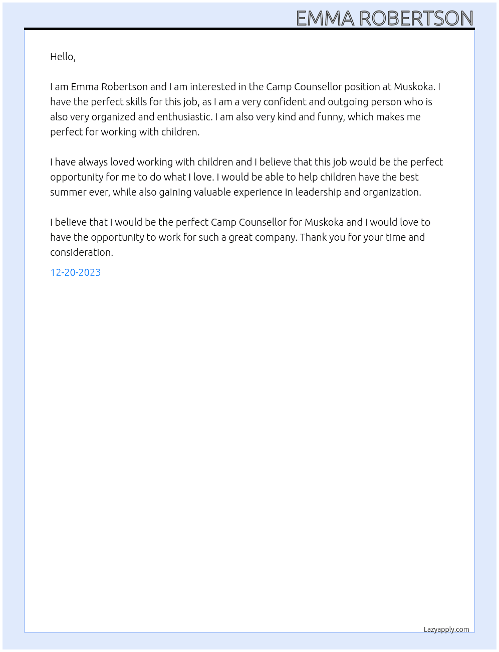 Camp Counsellor  At Muskoka Cover Letter