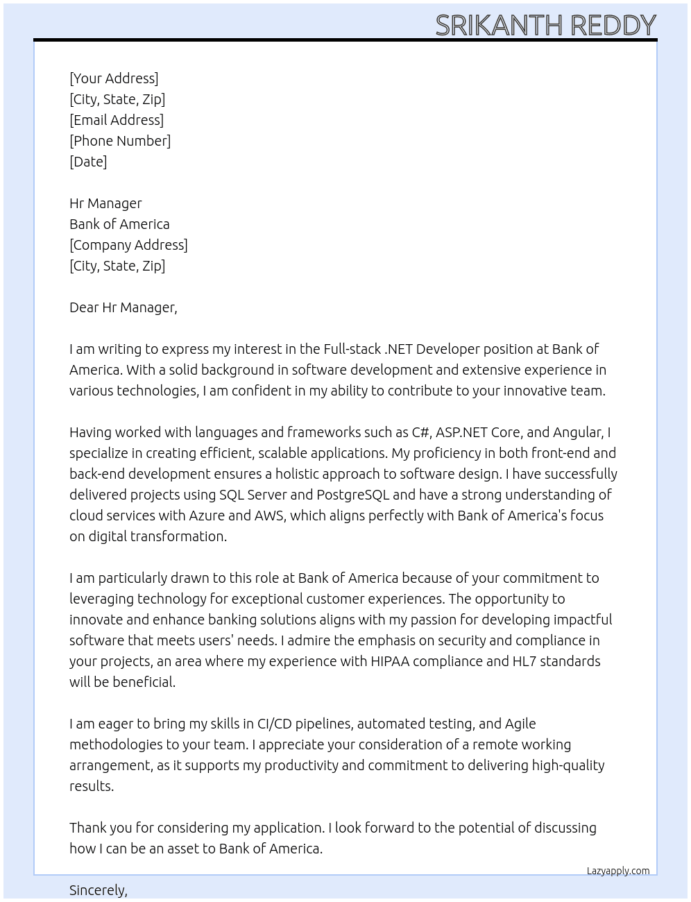 Cover letter for full-stack .net developer - LazyApply