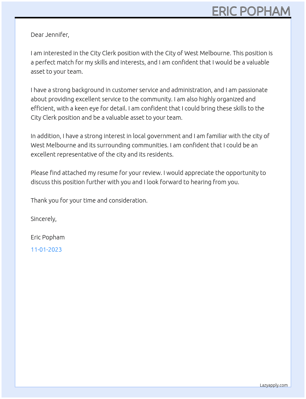 City Clerk At City of West Melbourne Cover Letter