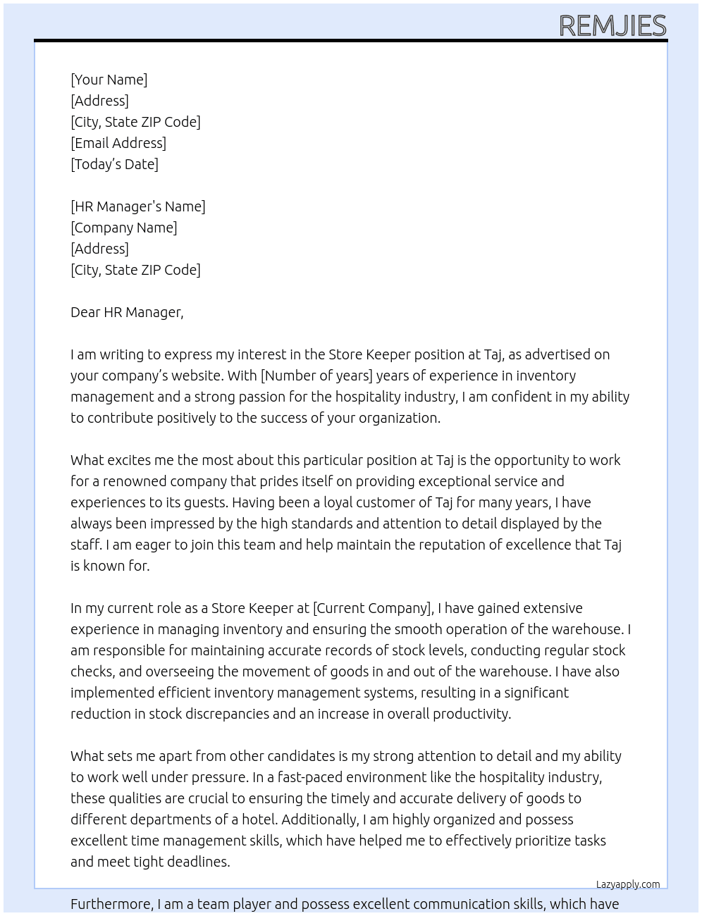Store Keeper At Taj  Cover Letter