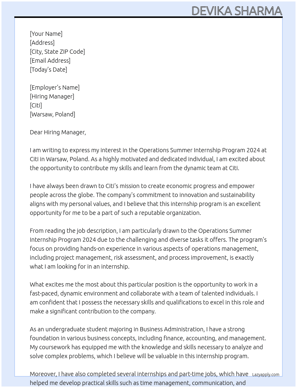 Operations Summer Internship Program 2024 At Citi , Warsaw , Poland Cover Letter