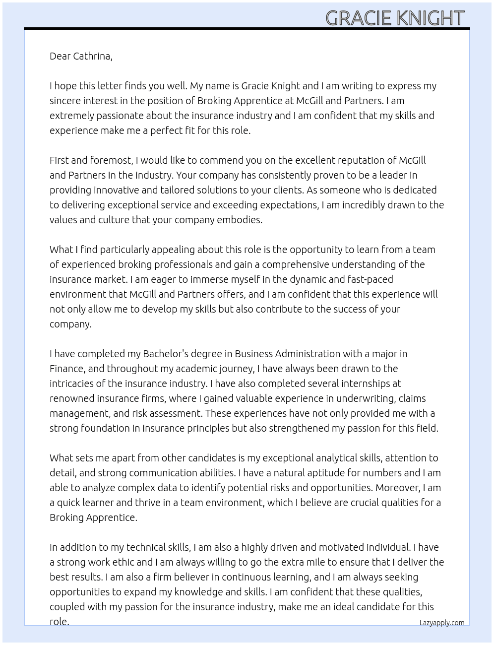 broking apprentice At McGill and partners  Cover Letter