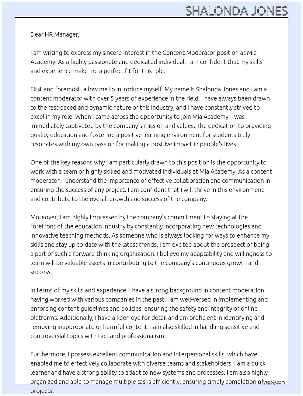 Content Moderator  At Mia Academy Cover Letter