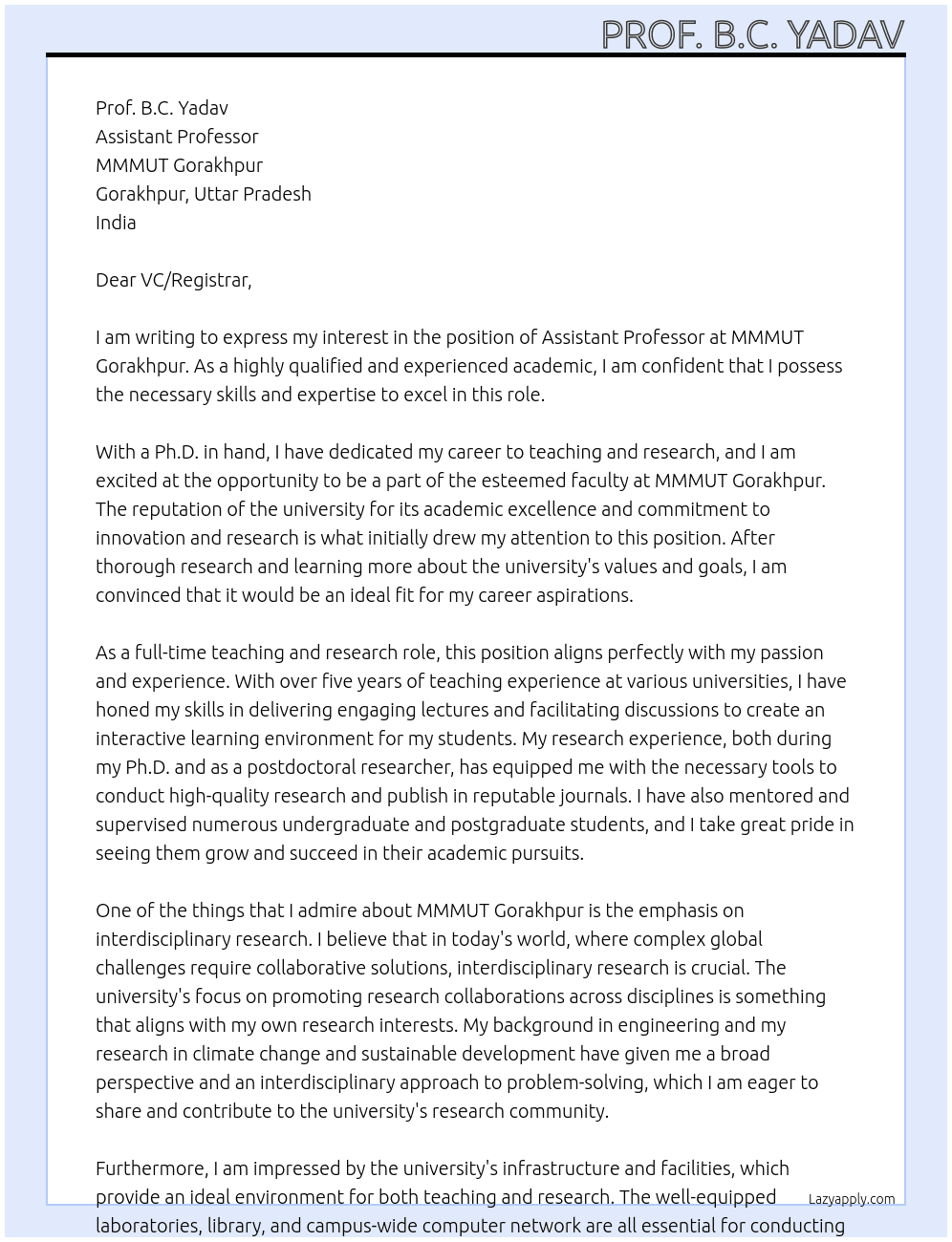 Assistant Professor At MMMUT Gorakhpur Cover Letter