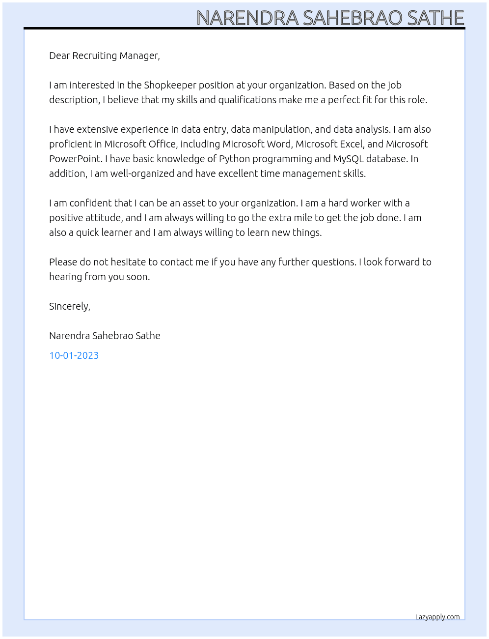 Shopkeeper At your organization Cover Letter