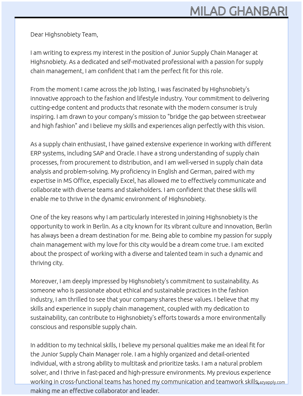 Junior Supply Chain Manager At Highsnobiety Cover Letter