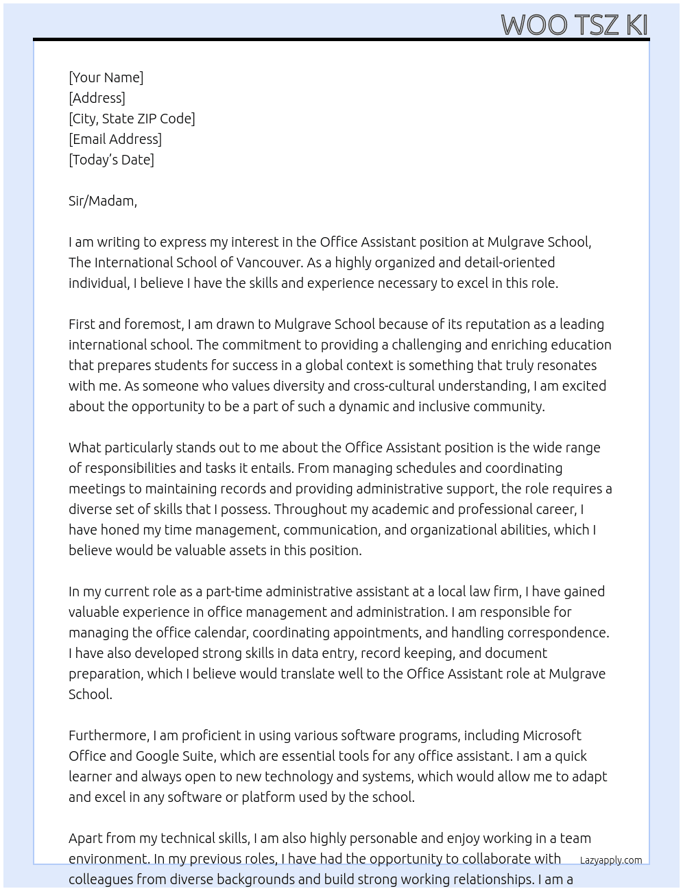Office Assistant At Mulgrave School, The International School of Vancouver Cover Letter