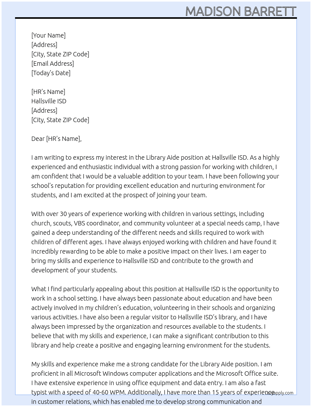 Library Aide At Hallsville ISD Cover Letter