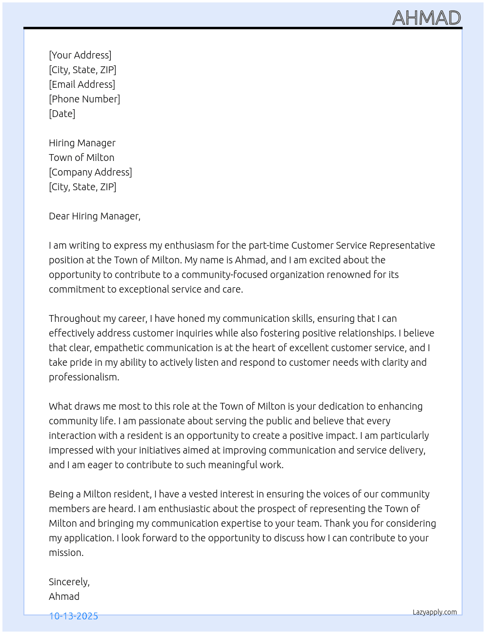Customer Service Representative At Town of Milton Cover Letter