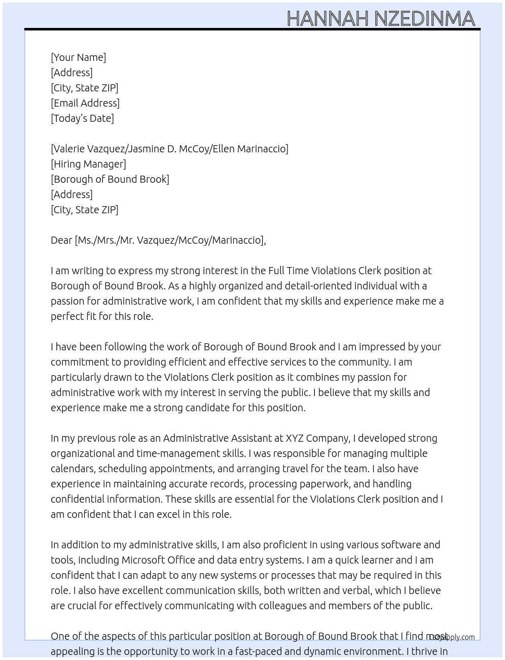 Full Time Violations Clerk At  Borough of Bound Brook Cover Letter
