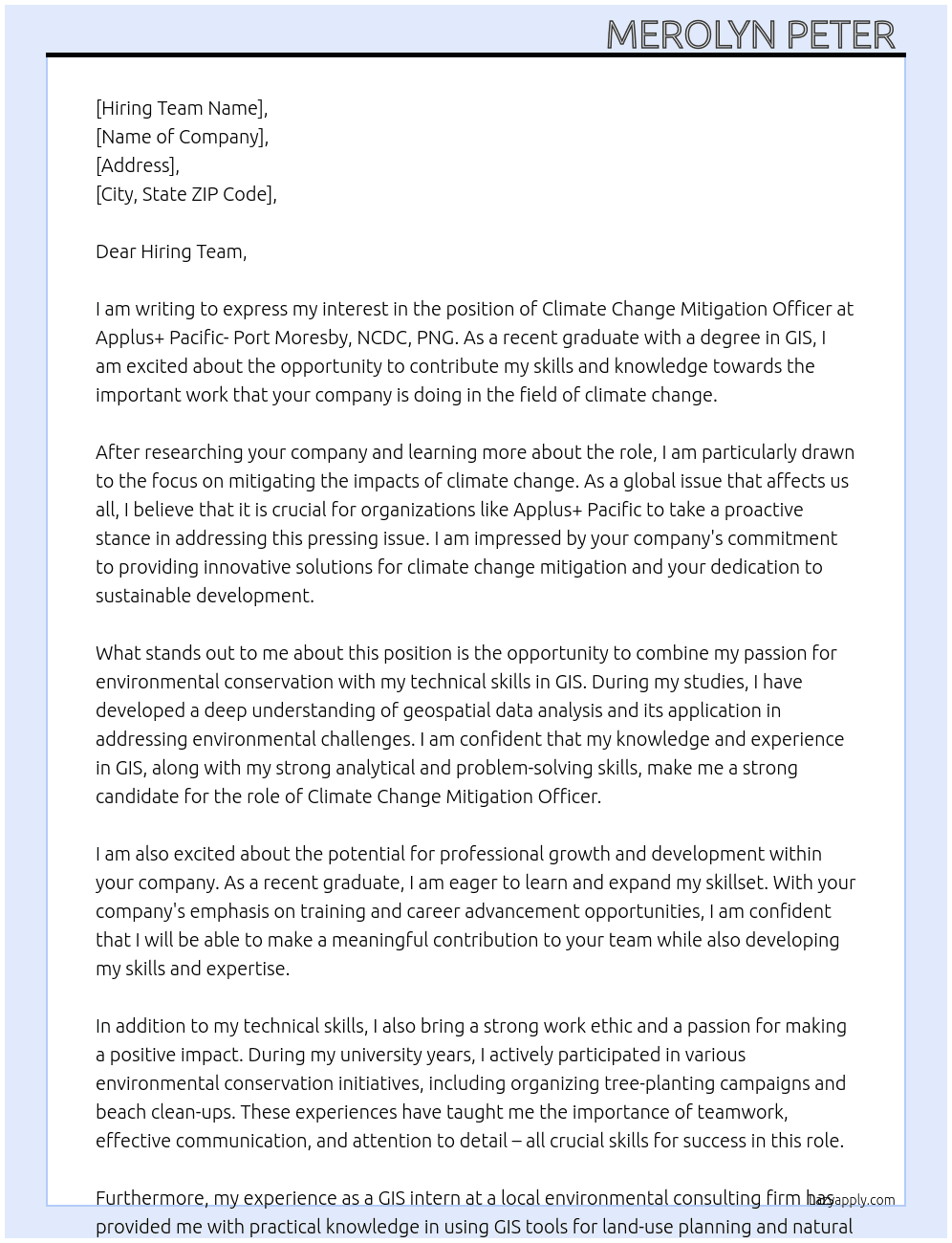 Climate change mitigation officer At Applus+ Pacific- Port Moresby, NCDC, PNG. AS GIS GRADUATE  Cover Letter