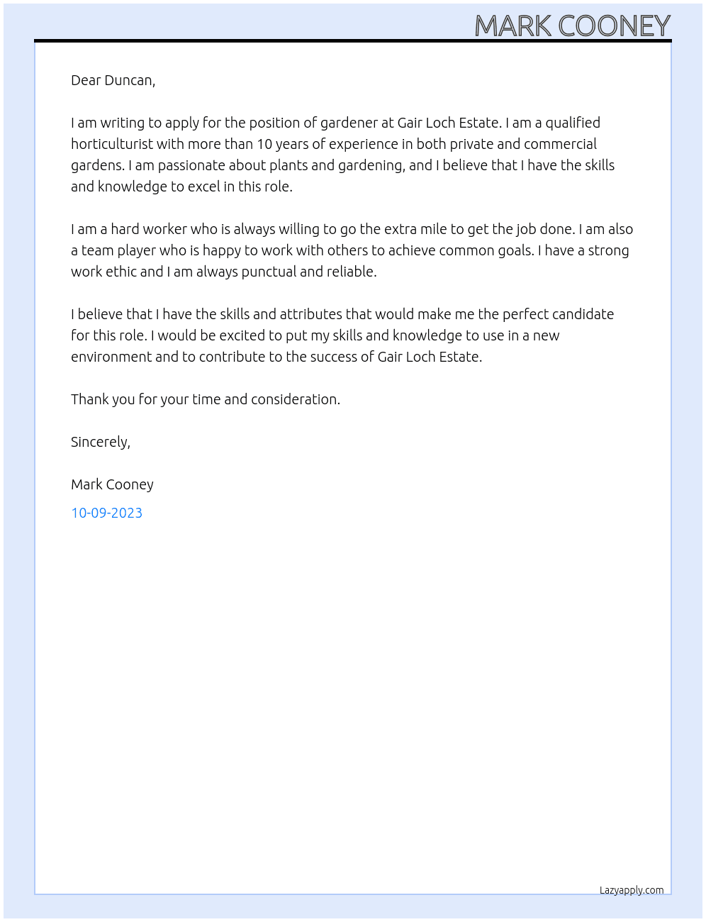 Gardener At Gair Loch Estate  Cover Letter