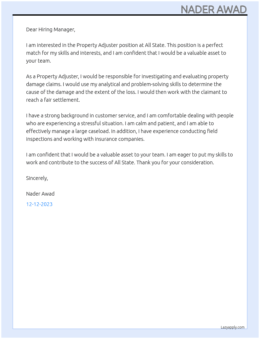Property Adjuster At All State Cover Letter