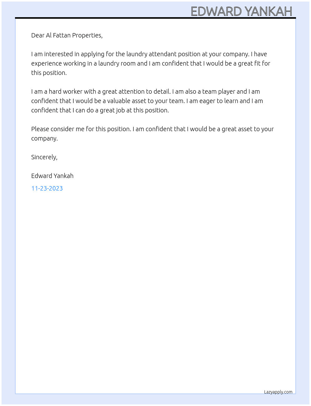 Laundry Attendant  At Al Fattan Properties  Cover Letter