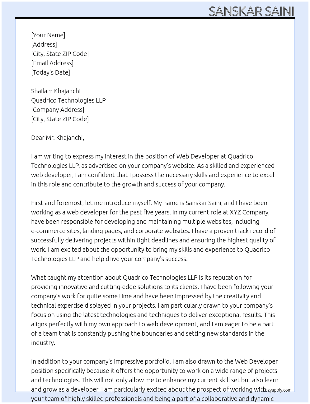 Web developer At Quadrico Technologies LLP Cover Letter