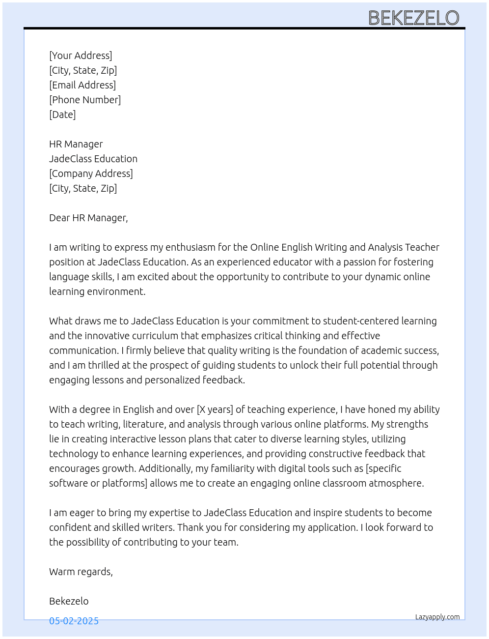 Online English writing and analysis teacher  At JadeClass Education Cover Letter