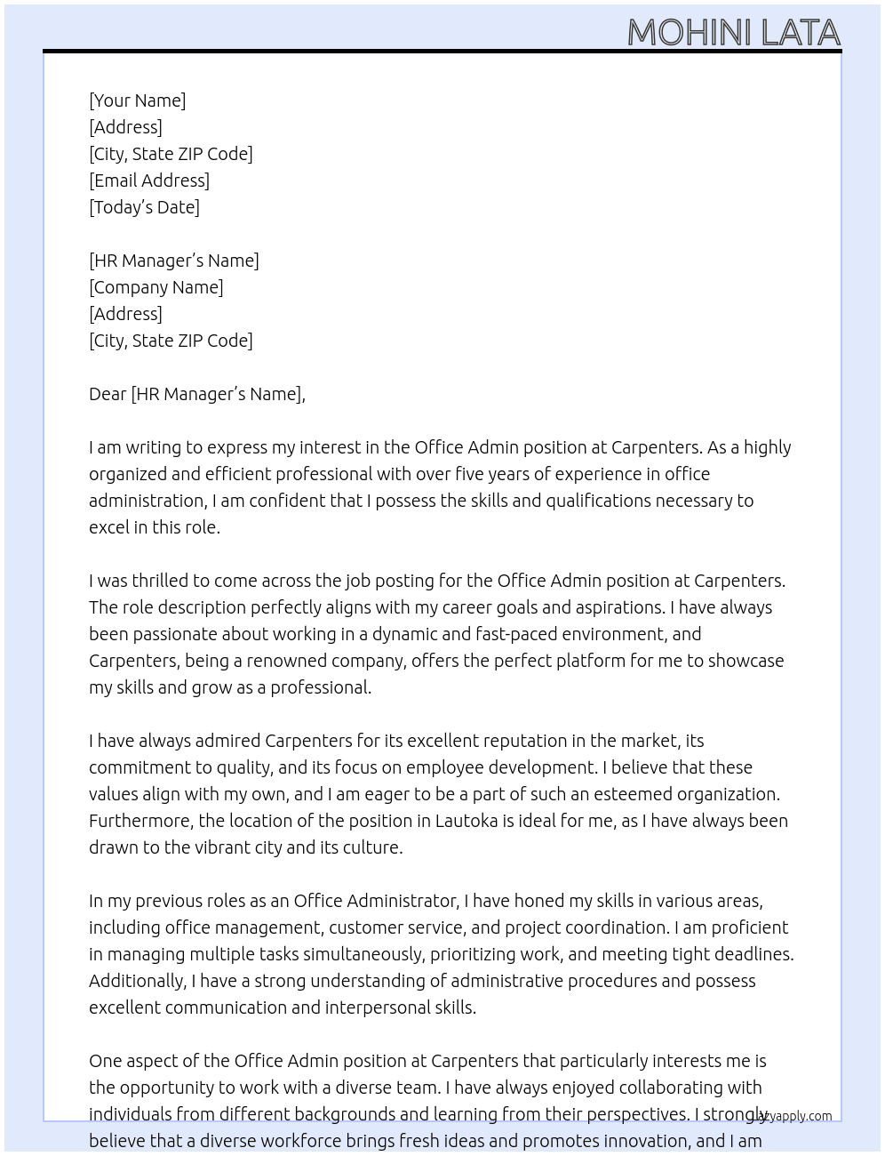 Office Admin At Carpenters  Cover Letter