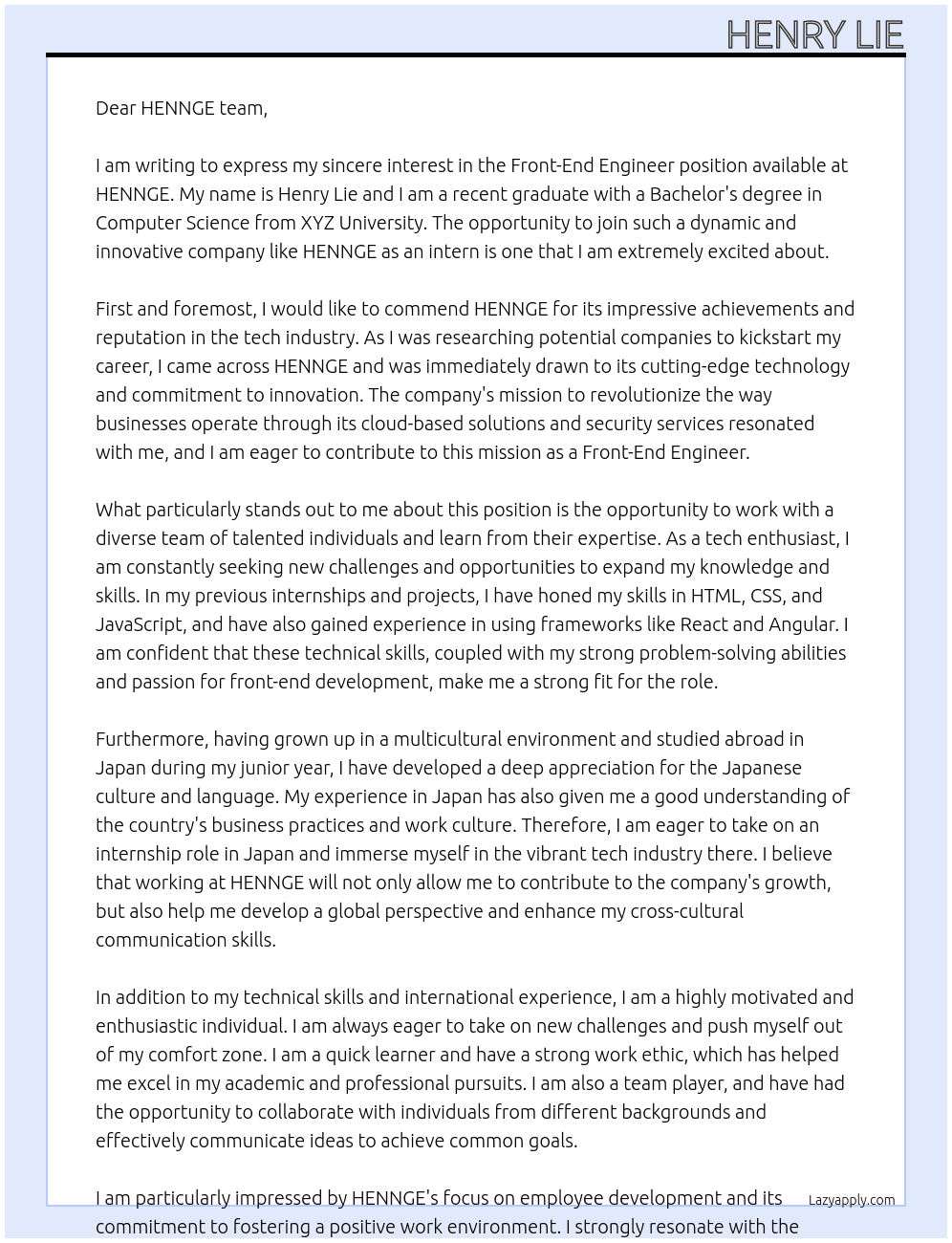 Front-End Engineer At HENNGE Cover Letter