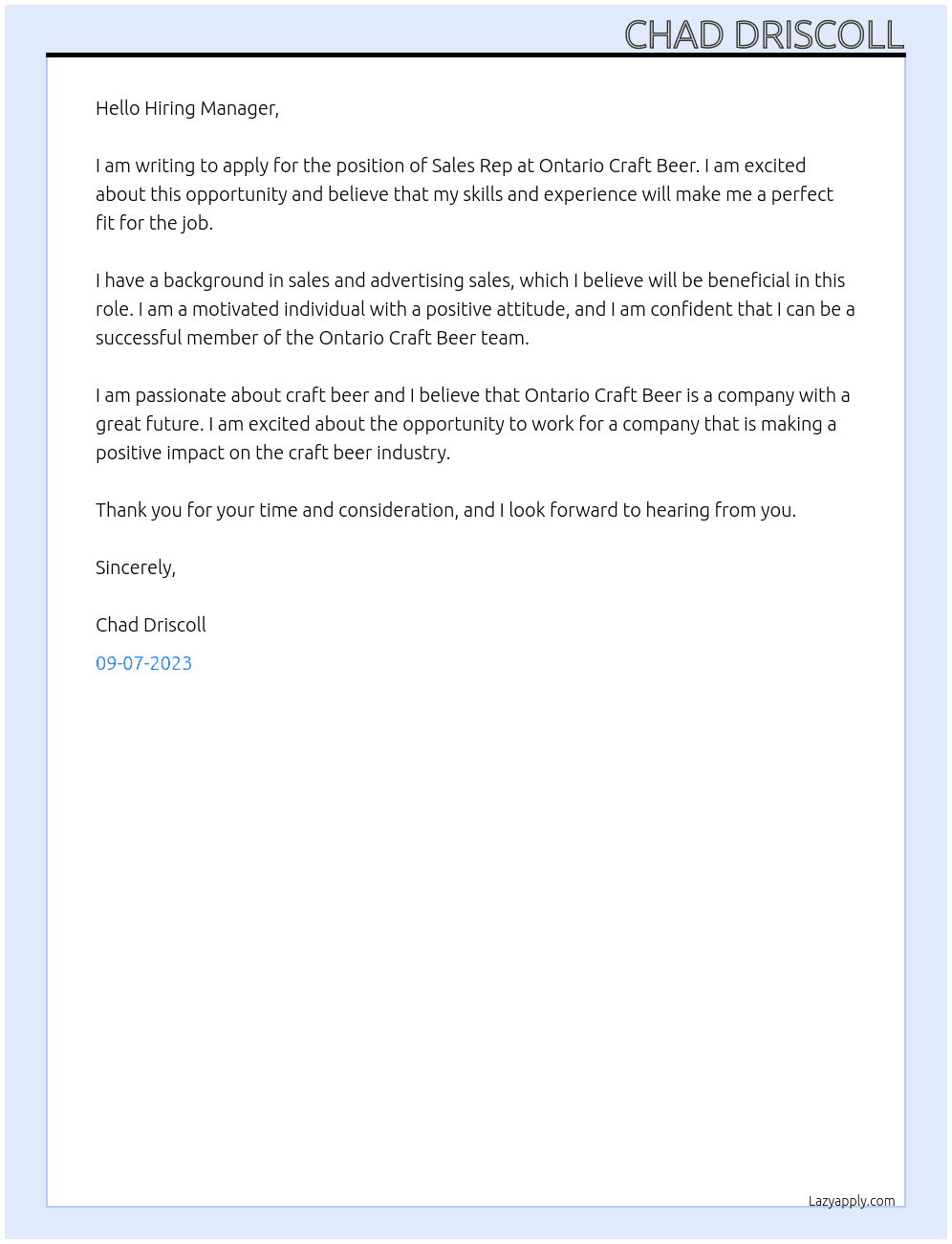 Sales Rep At Ontario Craft Beer Cover Letter