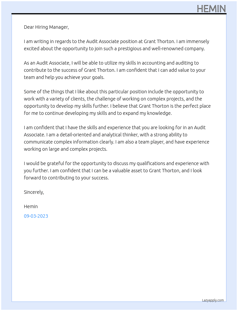 audit associate At Grant Thorton Cover Letter