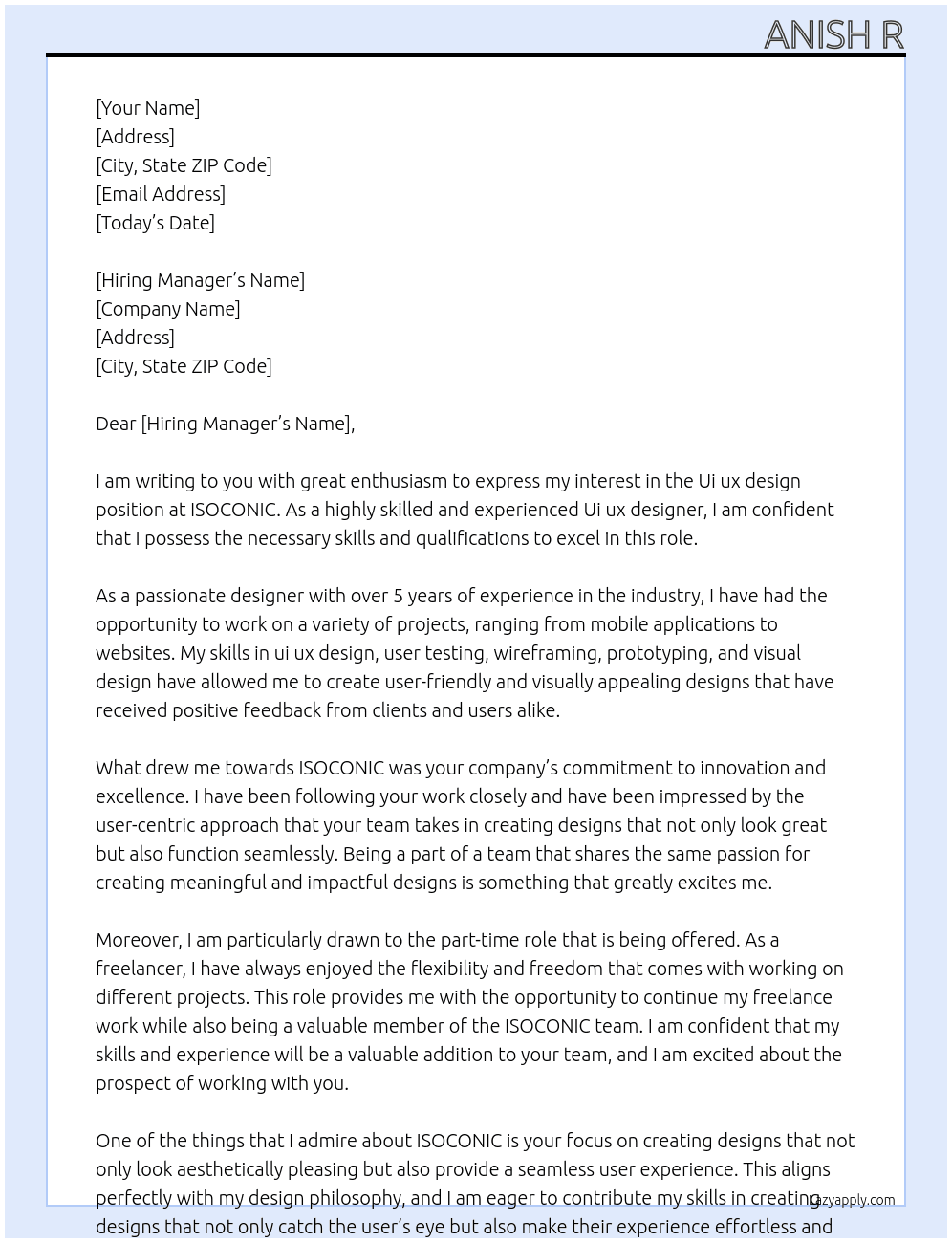 Ui ux design  At ISOCONIC Cover Letter