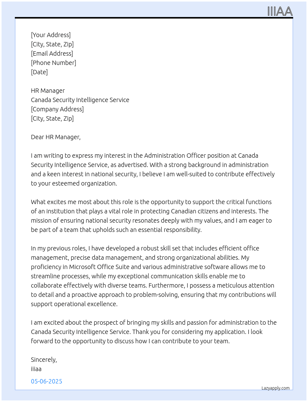 Administration Officer At Canada Security Intelligence Service Cover Letter