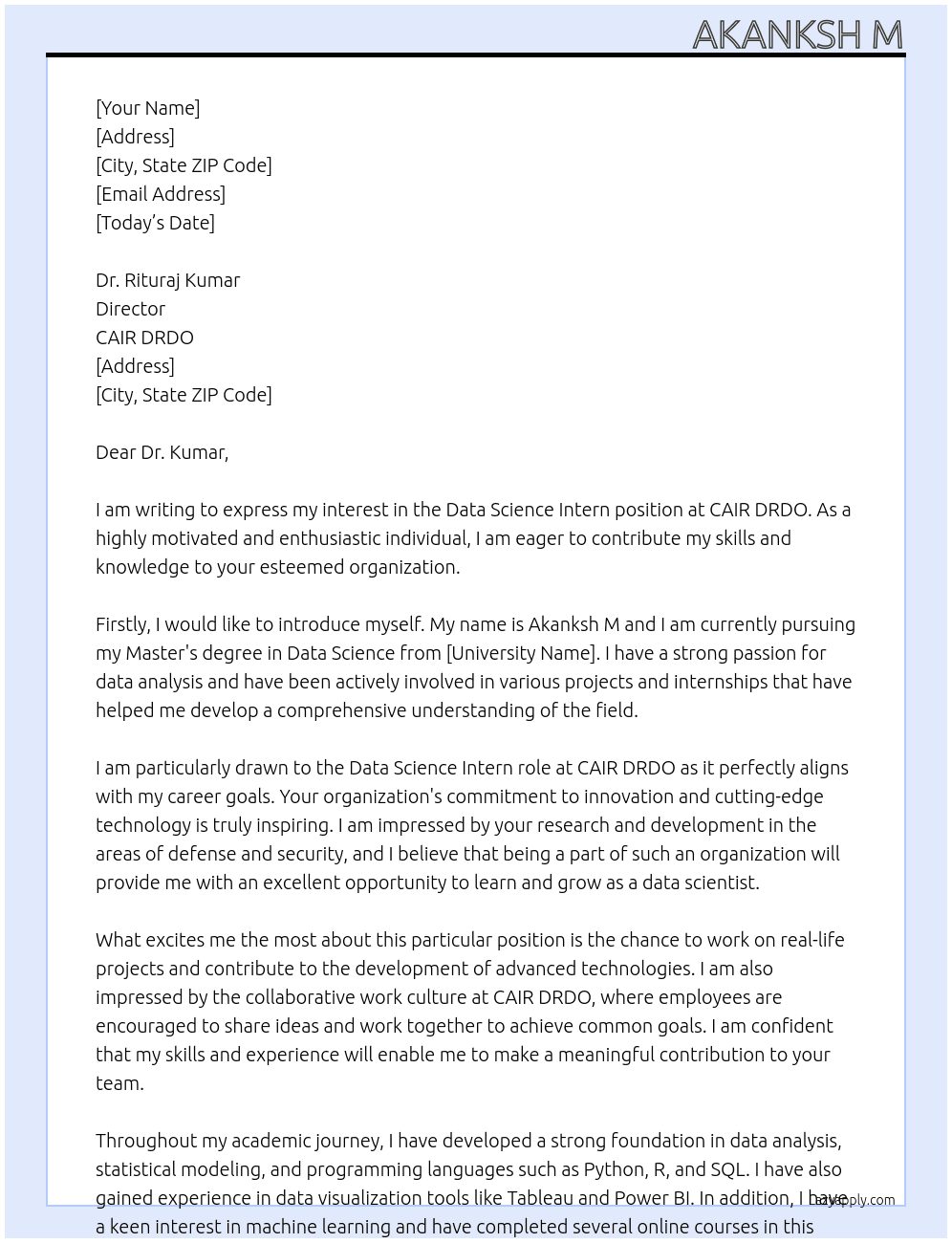 Data Science Intern At CAIR DRDO Cover Letter