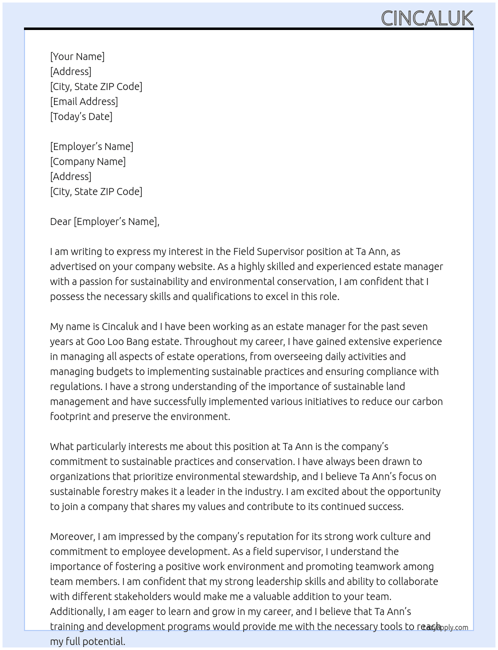 field supervisor At Ta ann Cover Letter