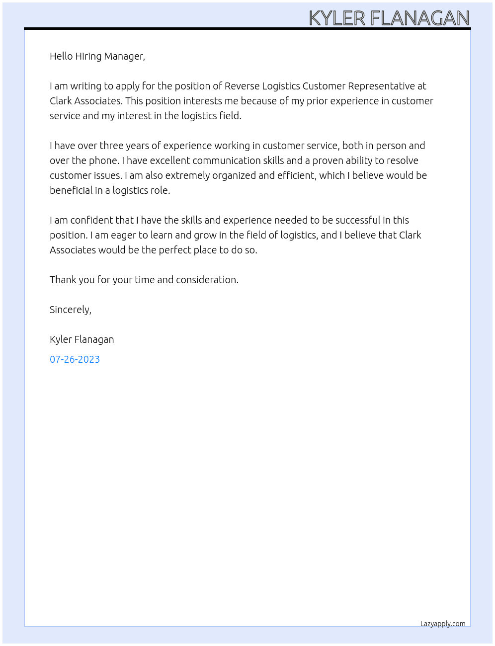 Reverse Logistics Customer Representative (Remote) At Clark Associates Cover Letter