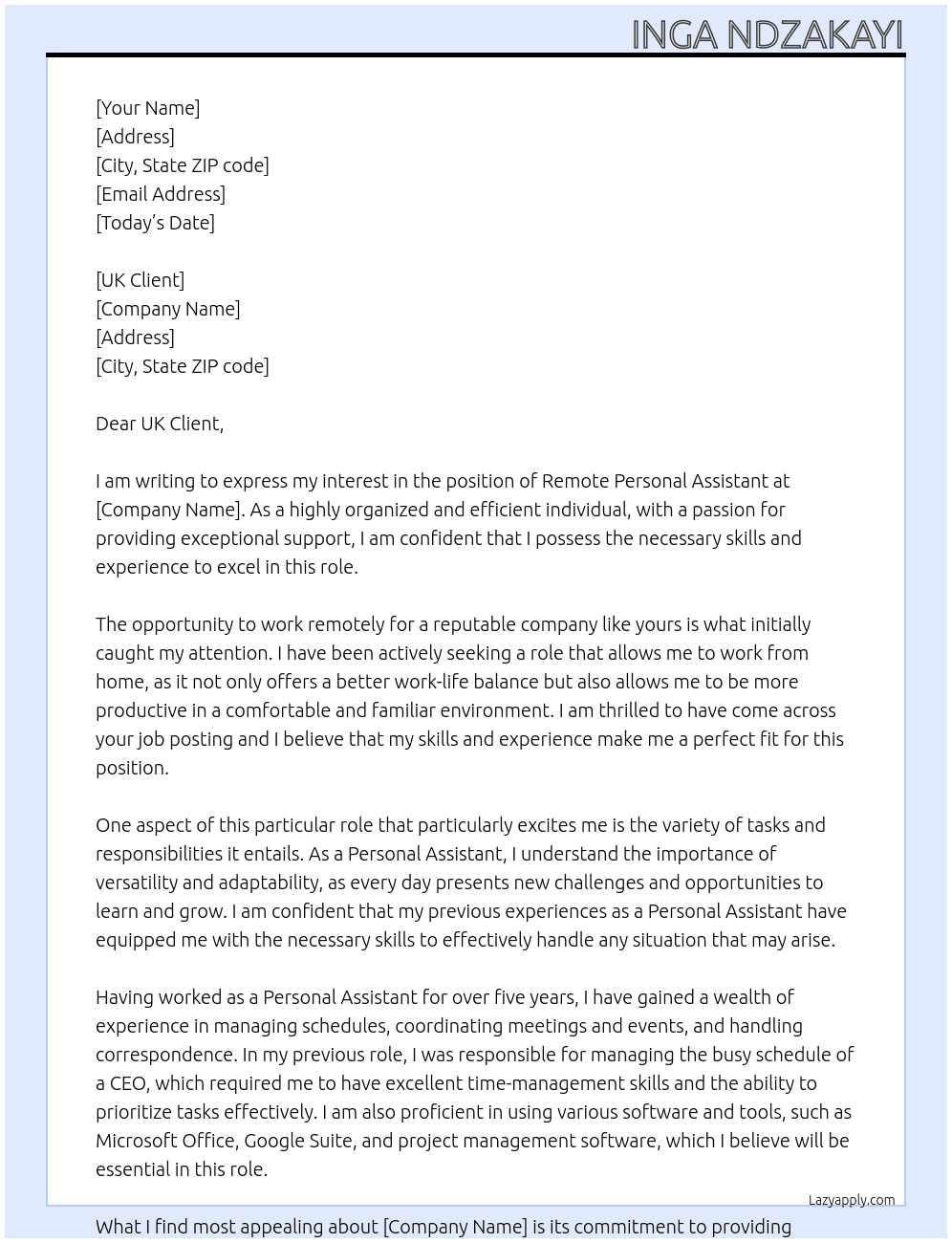 Remote Personal Assistant At UK Client Cover Letter