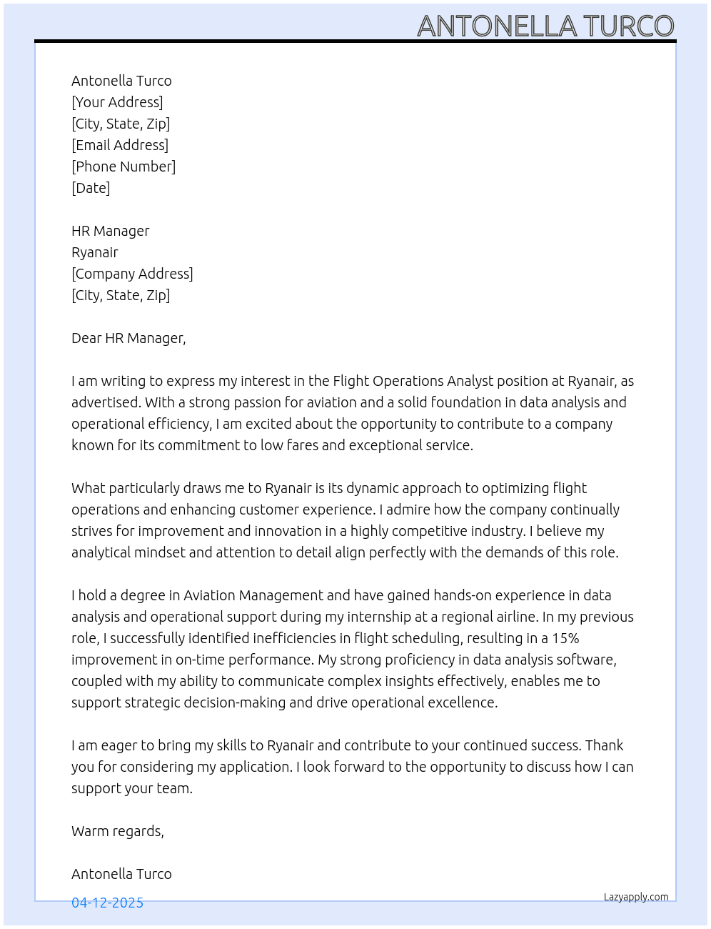 Flight Operations Analyst At Ryanair Cover Letter