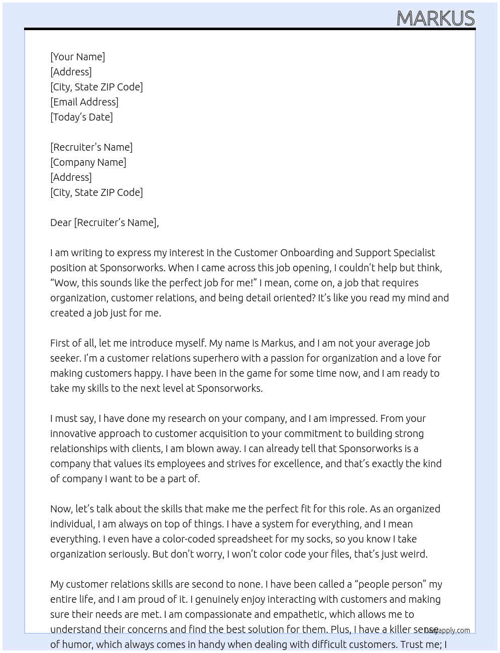 Customer Onboarding and Support Specialist At Sponsorworks Cover Letter