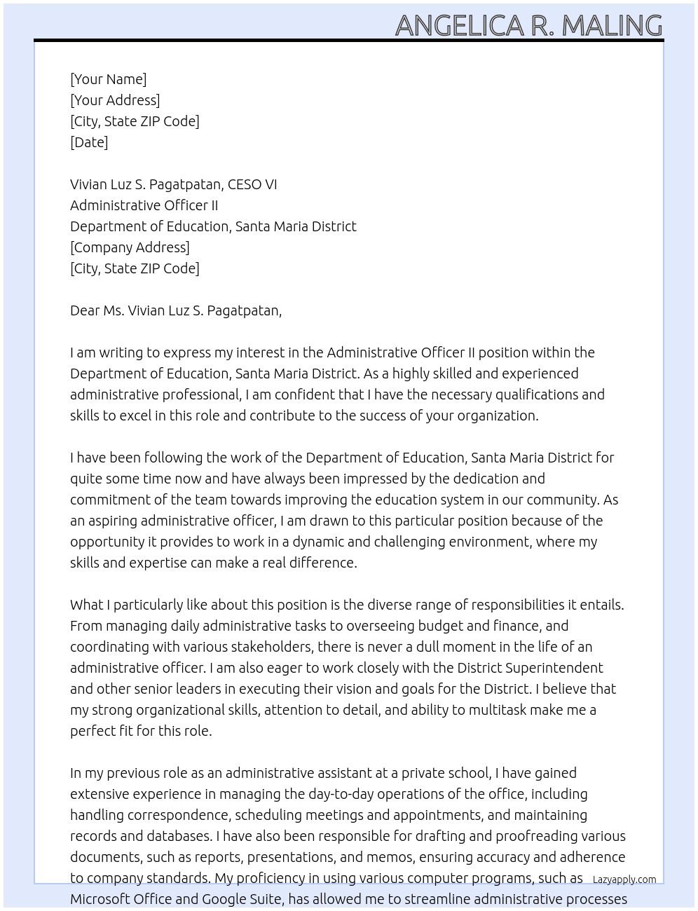 Administrative officer II  At Department of Education, Santa Maria District Cover Letter