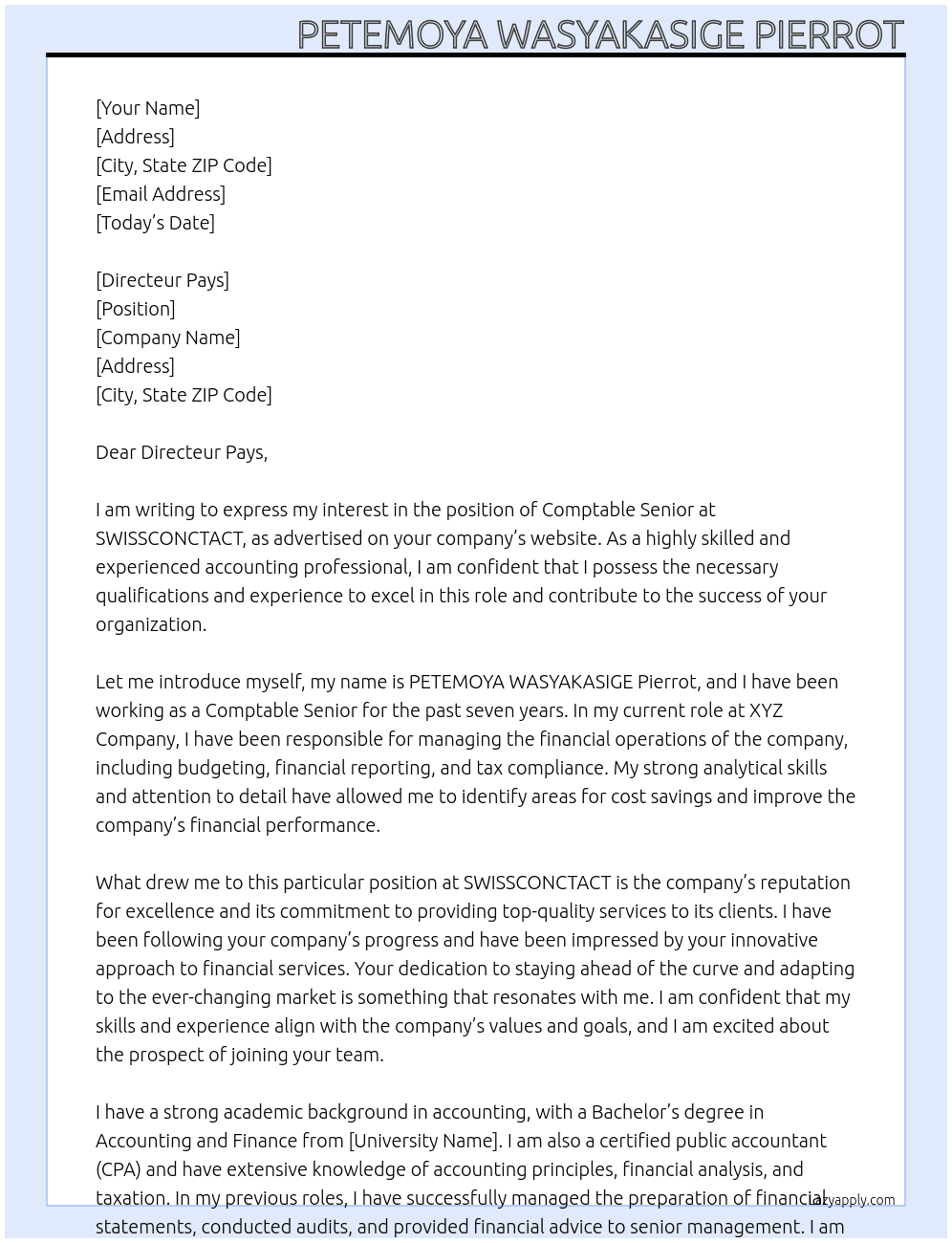 Comptable Senior At SWISSCONCTACT Cover Letter