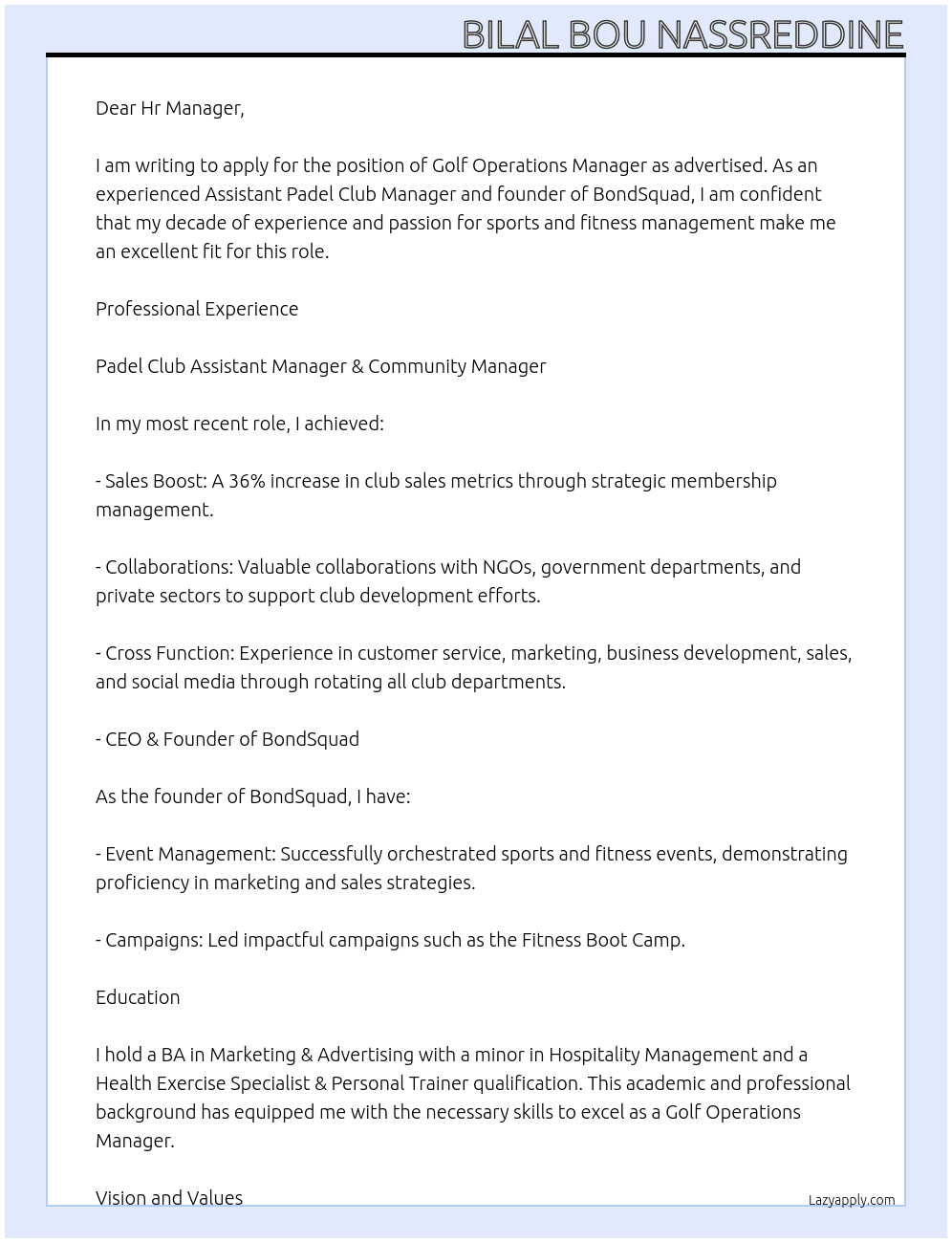 Golf Club operation manager At Golf Club Cover Letter