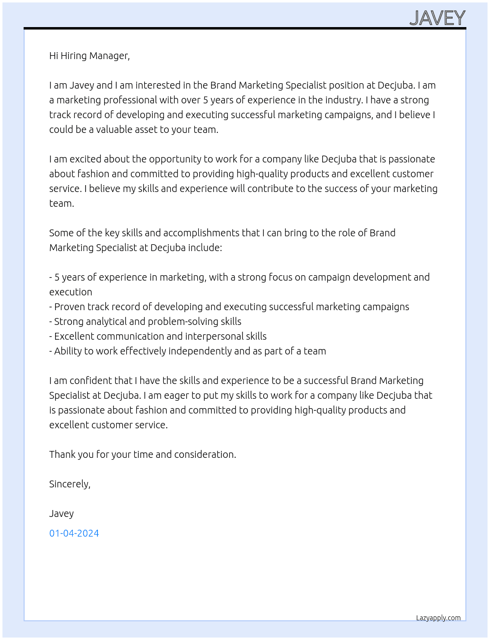 Brand Marketing Specialist At Decjuba Cover Letter