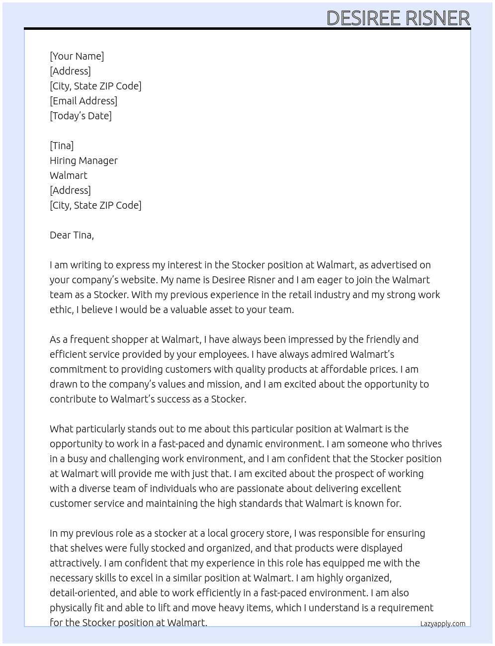Stocker At Walmart  Cover Letter