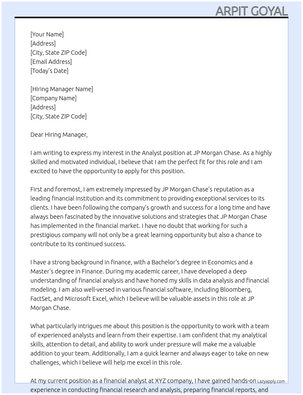 analyst At JP morgan chase Cover Letter