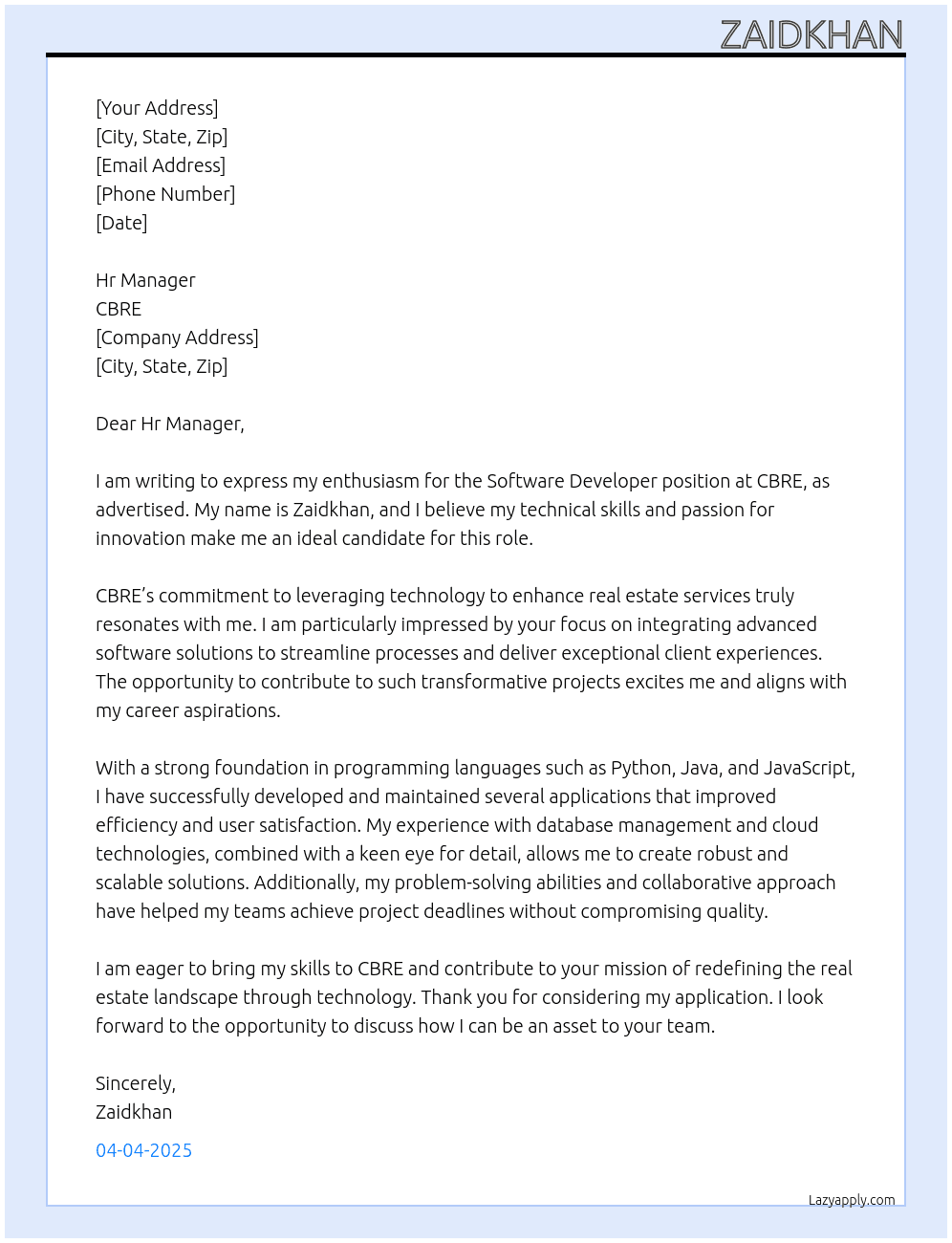 software developer  At CBRE Cover Letter