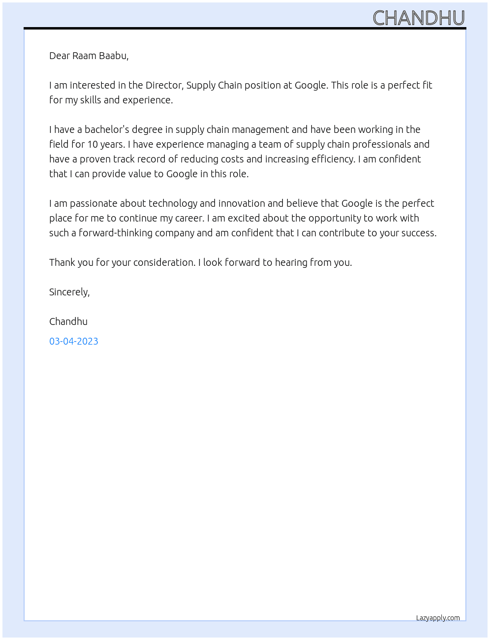Director, Supply Chain At Google Cover Letter